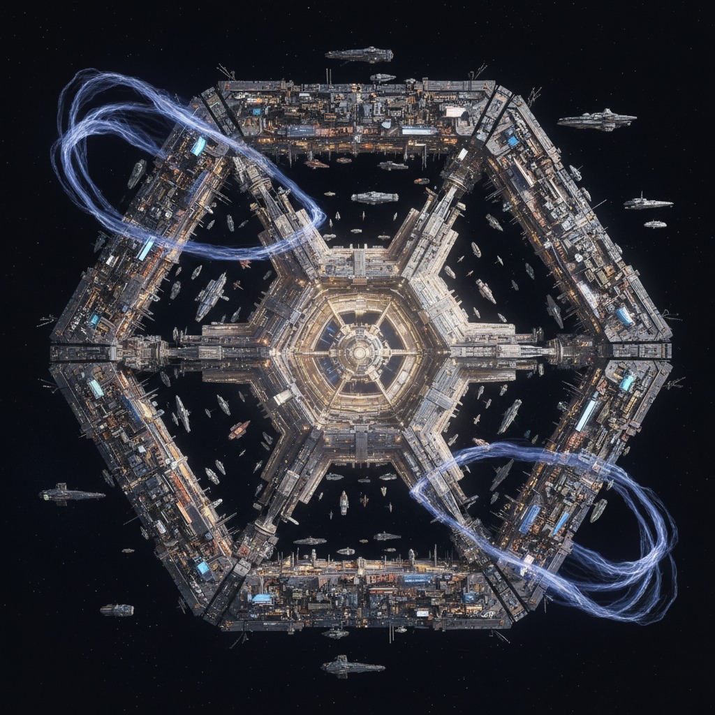 The Driftway — a colossal modular space station with six concentric hexagonal rings