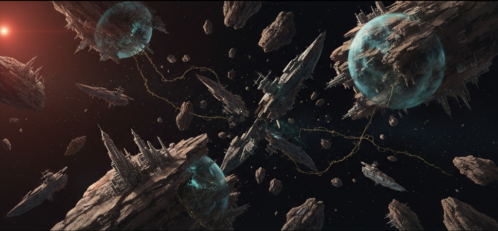 The Fracture — the debris field of the destroyed world Caurn, lit by a dim red star