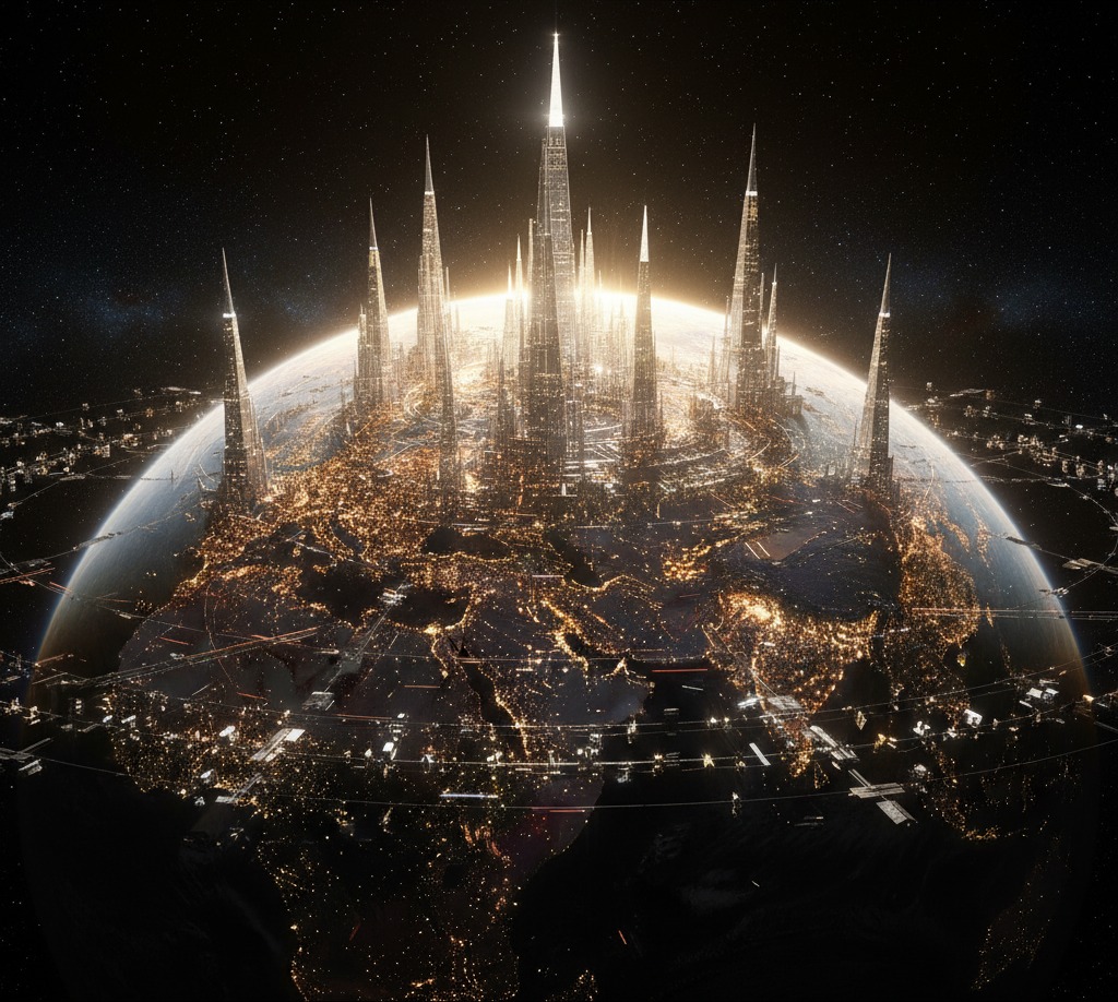 Solara Prime from orbit — a planet-spanning luminous city blazing against deep space